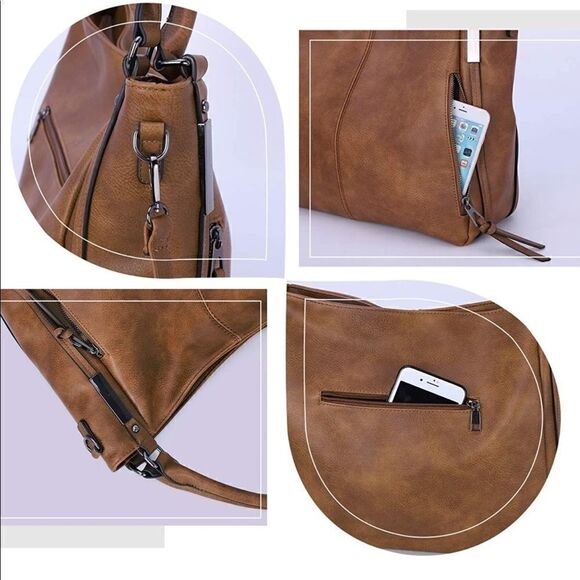 Women Brown PU Leather Hobo Tote Bag Leather Handbag - Picture 3 of 6